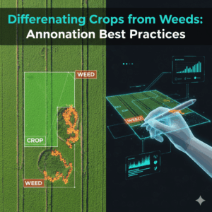 High-resolution farmland image showing annotation overlays for crop and weed differentiation with AI, powered by Learning Spiral AI.