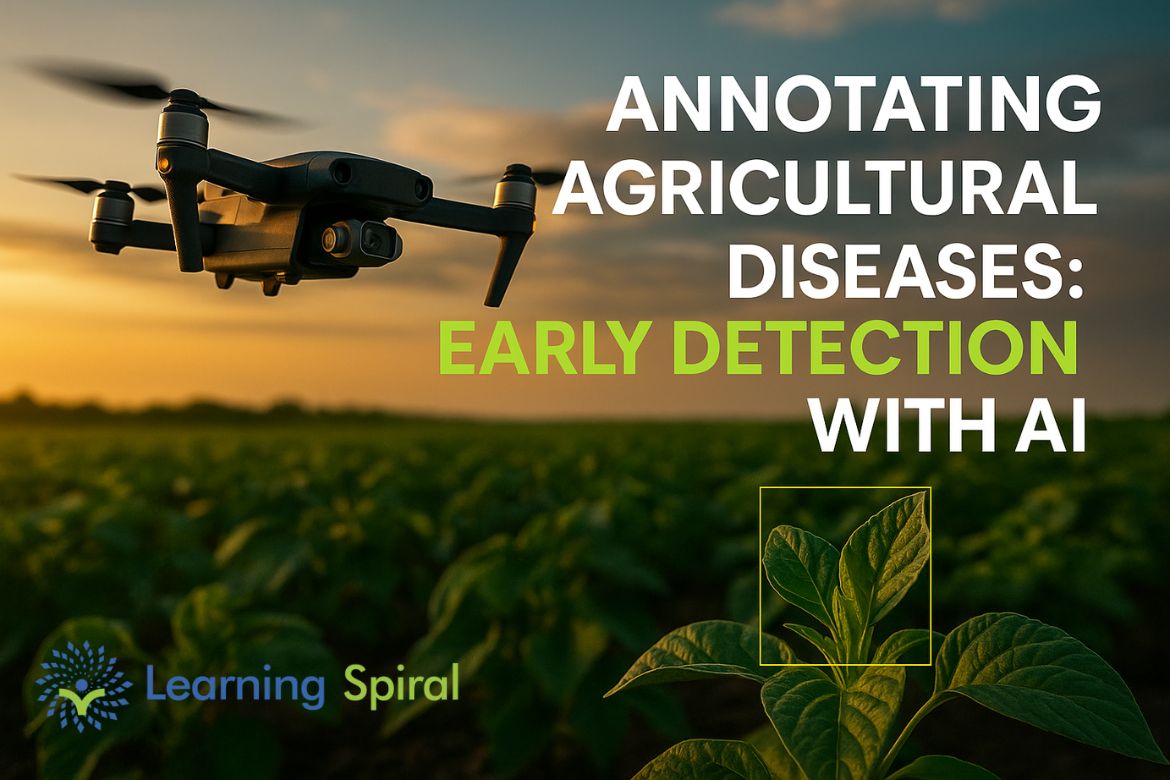 Drone-powered AI in agriculture showing annotated crop diseases for early detection and precision farming by Learning Spiral AI.