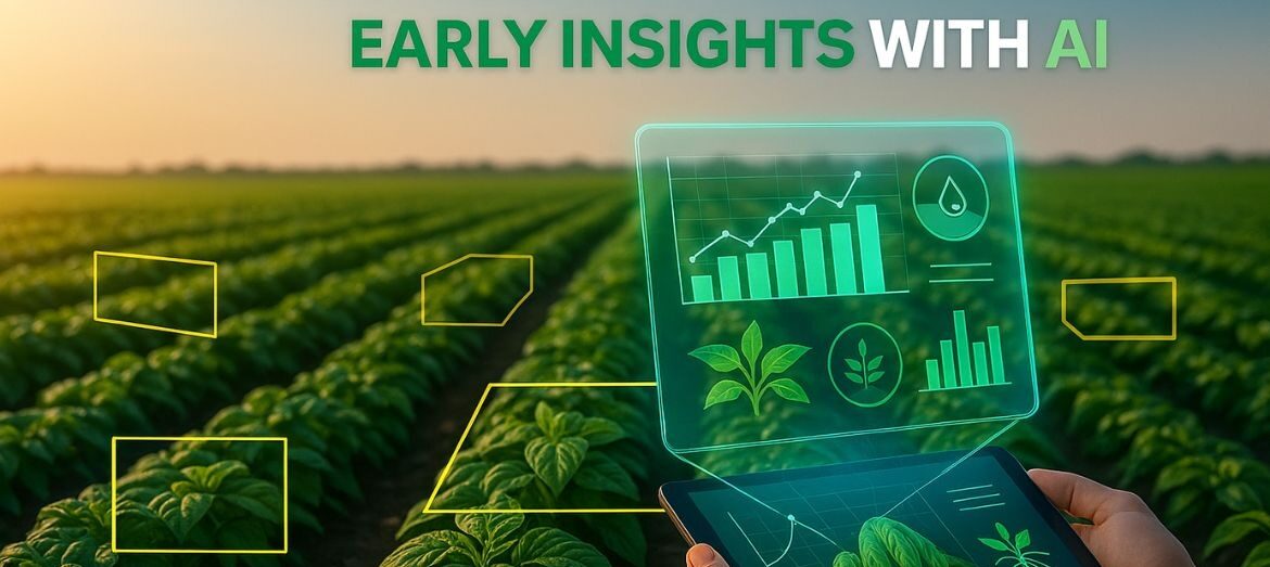 A drone capturing aerial farmland images with AI-powered annotation highlighting crop health, soil conditions, and pest detection for precision farming.