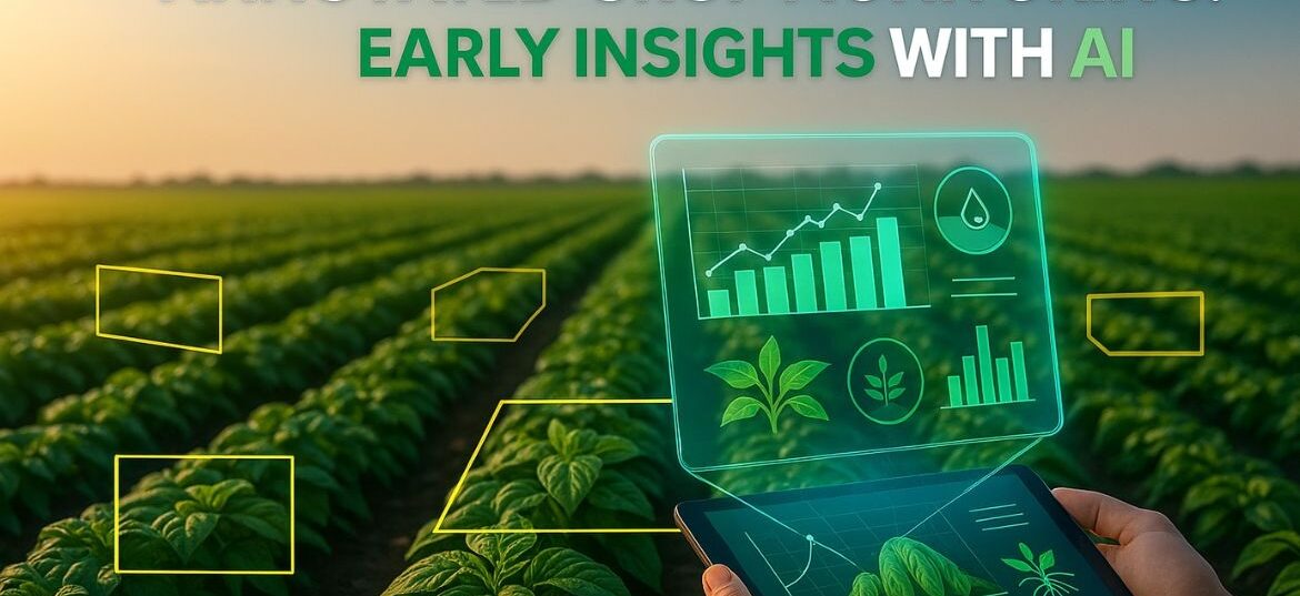 A drone capturing aerial farmland images with AI-powered annotation highlighting crop health, soil conditions, and pest detection for precision farming.