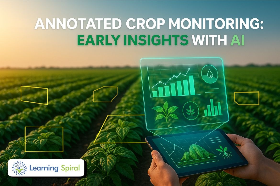 A drone capturing aerial farmland images with AI-powered annotation highlighting crop health, soil conditions, and pest detection for precision farming.