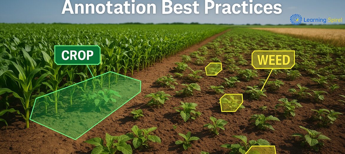High-resolution farmland image showing annotation overlays for crop and weed differentiation with AI, powered by Learning Spiral AI.