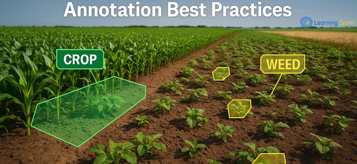 High-resolution farmland image showing annotation overlays for crop and weed differentiation with AI, powered by Learning Spiral AI.