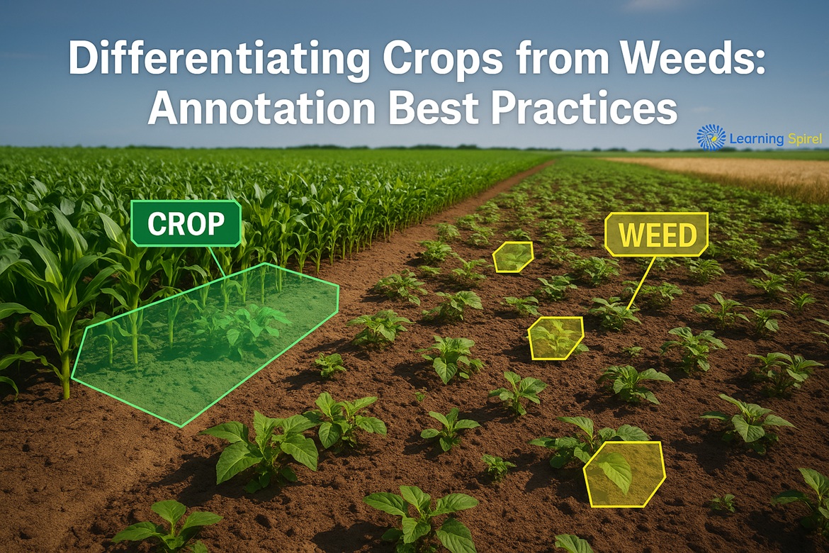 High-resolution farmland image showing annotation overlays for crop and weed differentiation with AI, powered by Learning Spiral AI.