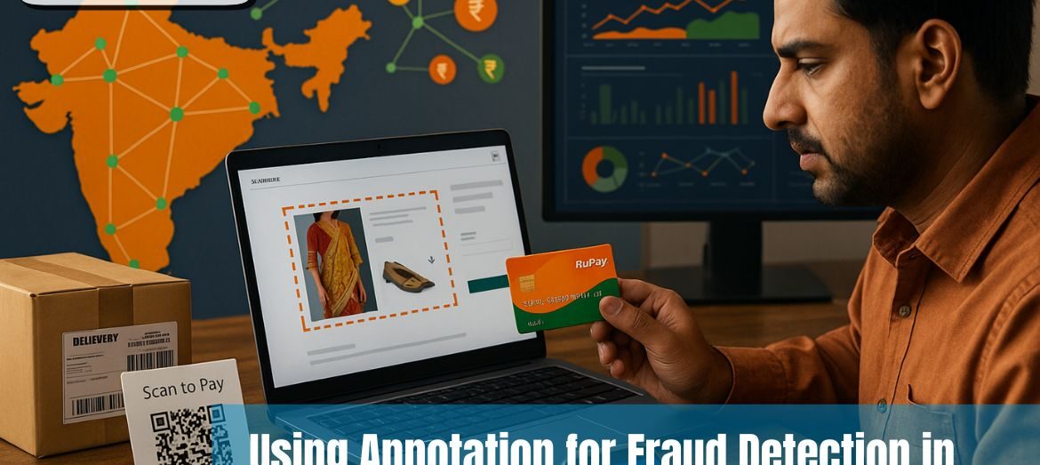 Laptop screen with annotated product photos and invoice regions, illustrating how labeled data boosts precision in online fraud detection.