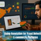 Laptop screen with annotated product photos and invoice regions, illustrating how labeled data boosts precision in online fraud detection.