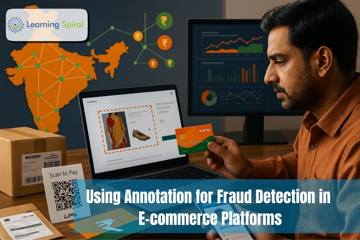 Laptop screen with annotated product photos and invoice regions, illustrating how labeled data boosts precision in online fraud detection.