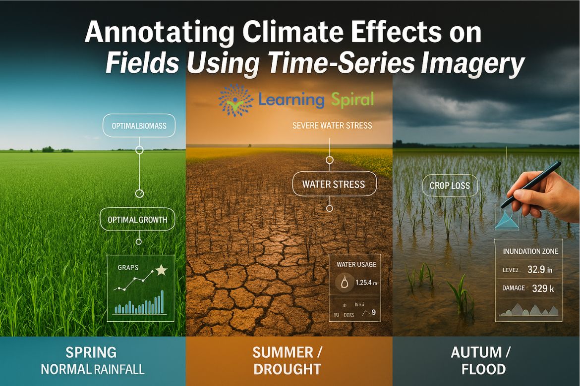 High-quality time-series imagery annotation by Learning Spiral AI to track climate effects on agricultural fields for AI and ML applications.