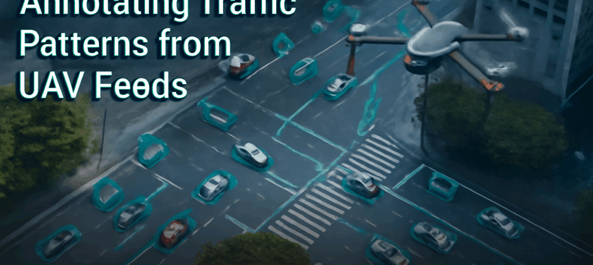 Annotated UAV traffic footage showing labeled vehicles and pedestrians for AI training data, supporting smart city mobility and machine learning automation.