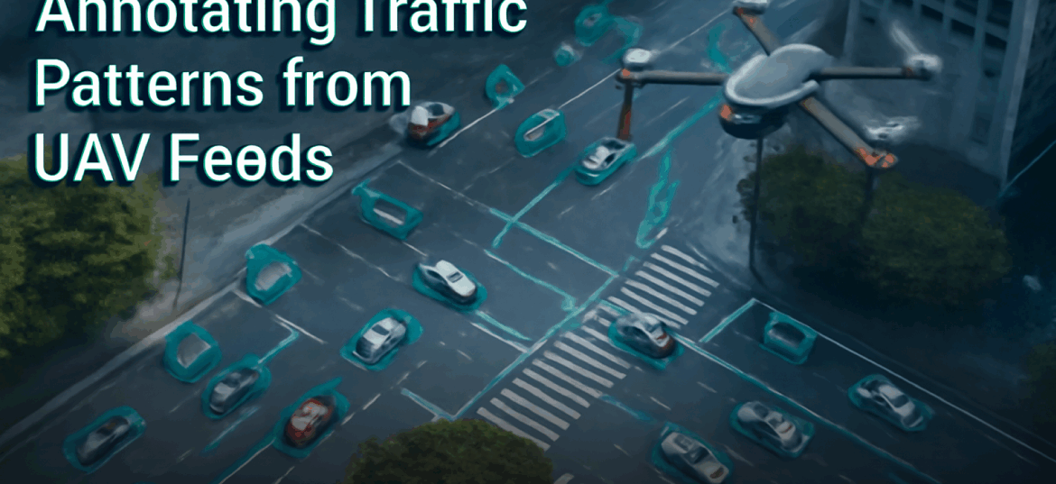 Annotated UAV traffic footage showing labeled vehicles and pedestrians for AI training data, supporting smart city mobility and machine learning automation.