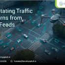 Annotated UAV traffic footage showing labeled vehicles and pedestrians for AI training data, supporting smart city mobility and machine learning automation.