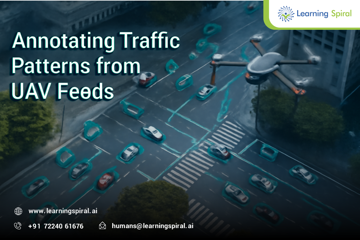 Annotated UAV traffic footage showing labeled vehicles and pedestrians for AI training data, supporting smart city mobility and machine learning automation.