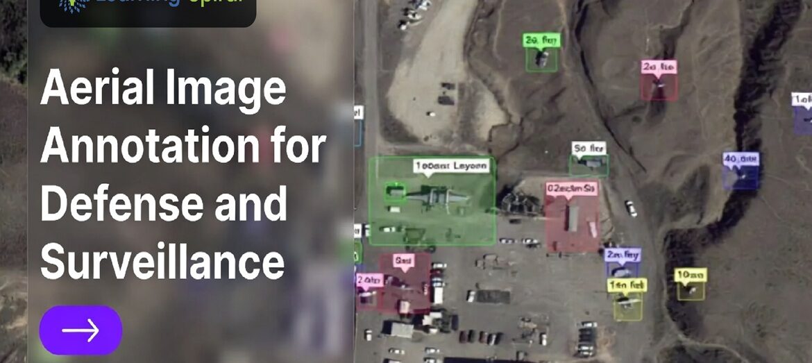 Aerial image annotation visual showing labeled vehicles, roads and surveillance zones for AI data solutions by Learning Spiral AI