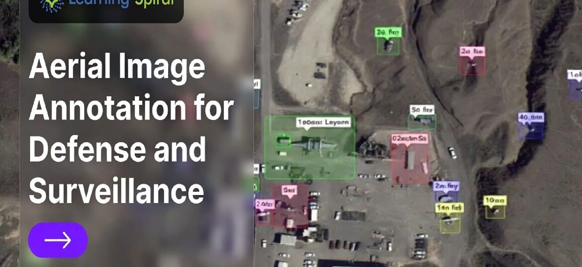 Aerial image annotation visual showing labeled vehicles, roads and surveillance zones for AI data solutions by Learning Spiral AI