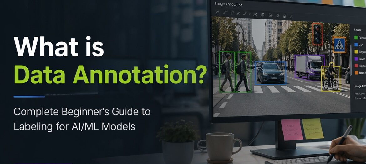 Illustration showing how data annotation labels images and text to train AI and ML models, supported by Learning Spiral AI experts.