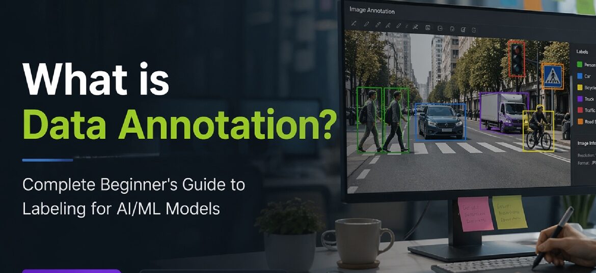 Illustration showing how data annotation labels images and text to train AI and ML models, supported by Learning Spiral AI experts.